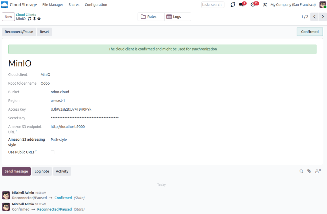 Configure and confirm the MinIO cloud client in Odoo with bucket, region, endpoint and keys